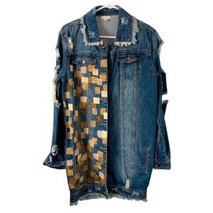 Love, Fire Long Distressed Ripped Denim Jean Jacket